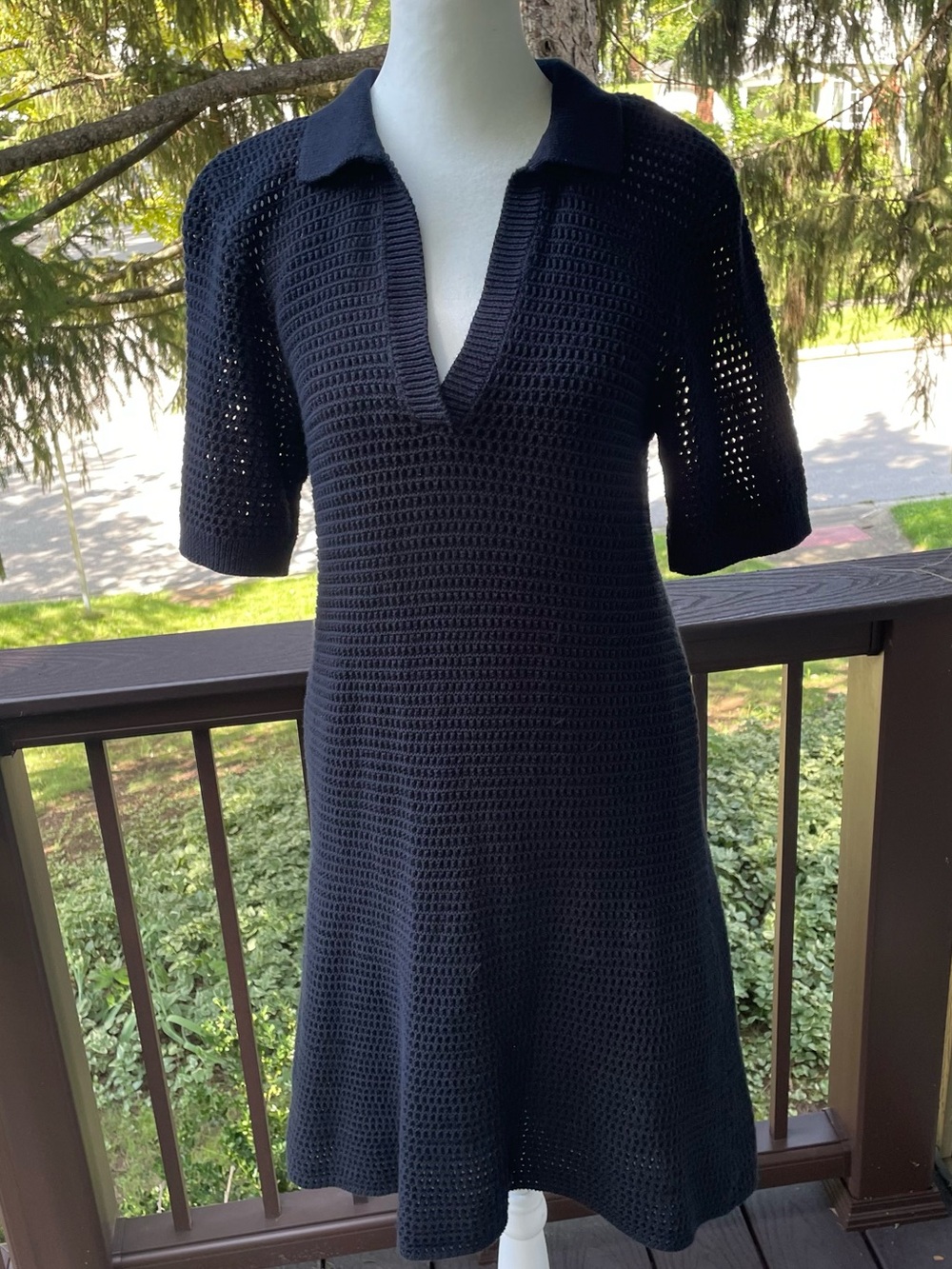 The Drop Melia Collared Crochet Mini/Midi Dress Navy Blue - Size Small